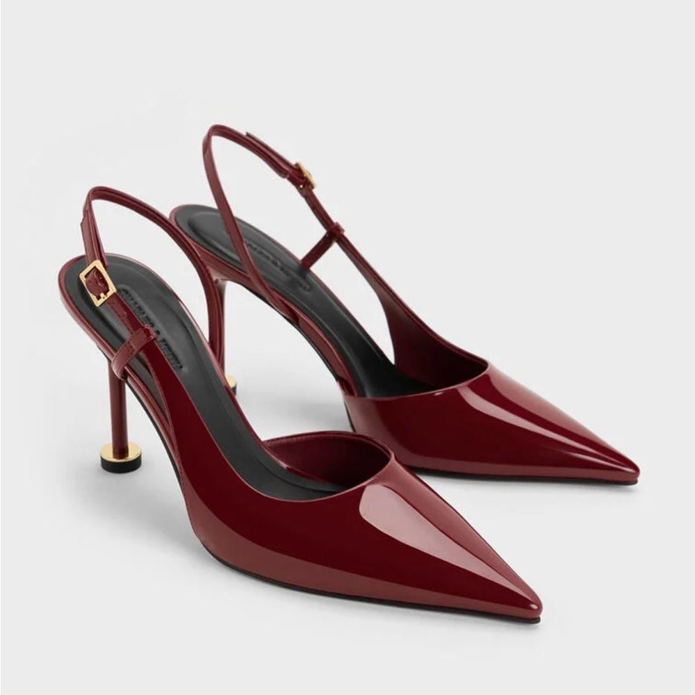 Charles & Keith Wynn Patent Slingback Heels Red Pointed Toe Sculptural EU 35 - Picture 3 of 8